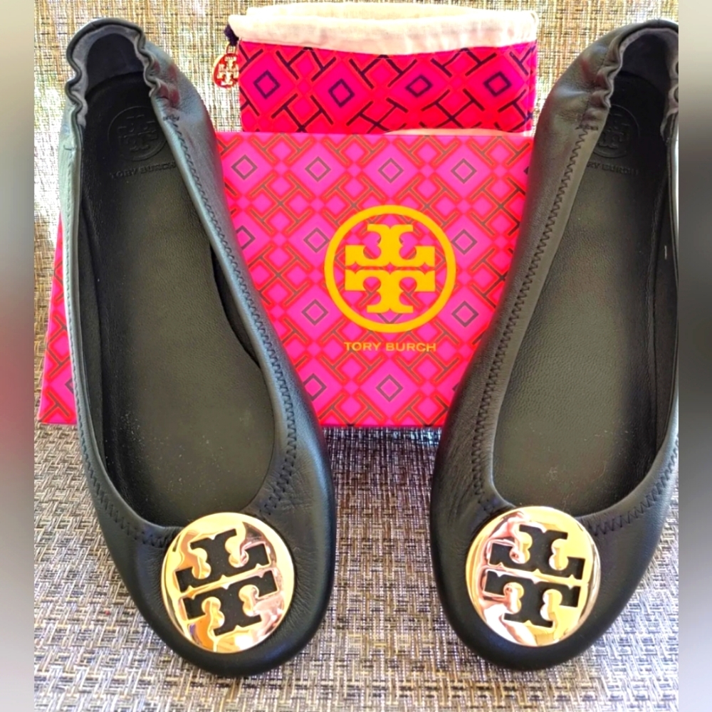 Tory Burch Women's Black "Minnie" Ballet Flats with Metal Gold Logo, Size 8.5